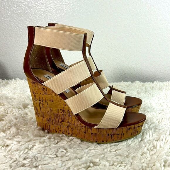 Steve Madden Shoes - Steve Madden Selinah Cork Wedge Heels Open Toe Elastic Straps Beige Size 7.5